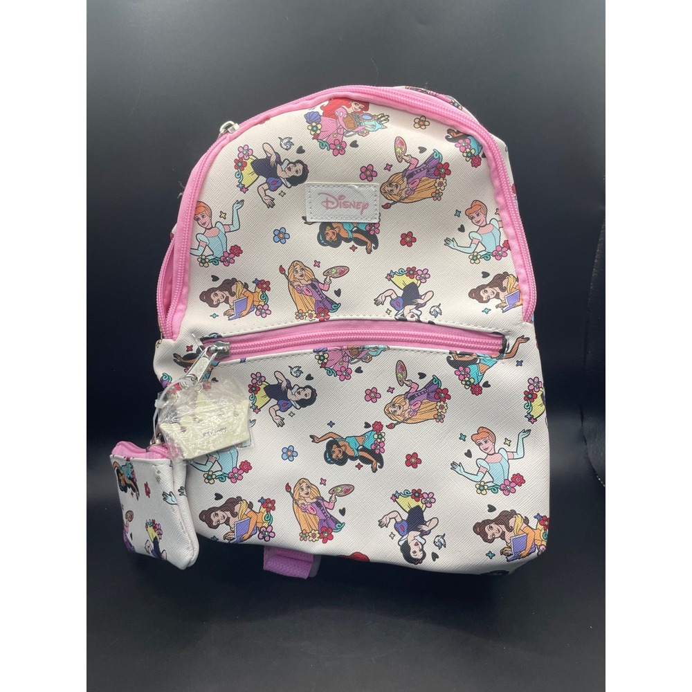 Disney Princess Mini Backpack Bioworld White Pink Ariel Belle Rapunzel Keychain